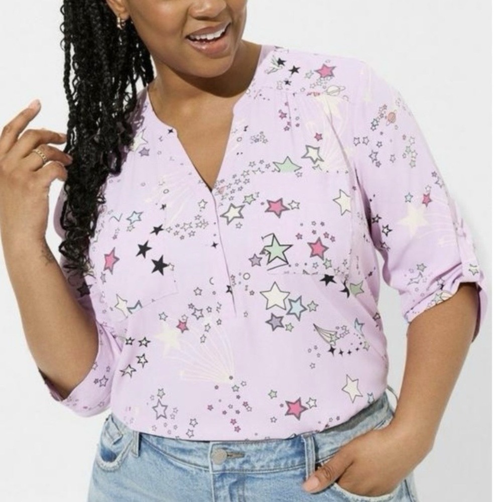 Torrid Harper Pink Colorful Stars Georgette Pullover 3/4Sleeve Blouse 2X Office